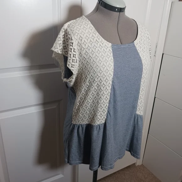 Hannah Blue & White Striped Top with Crochet Sleeves - Picture 2 of 5